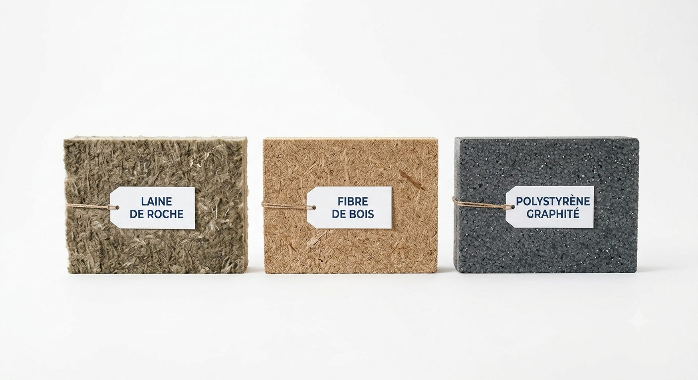 Les 3 isolants posés en ITE par Histoire d'Isolation : laine de roche, fibre de bois et polystyrène graphité